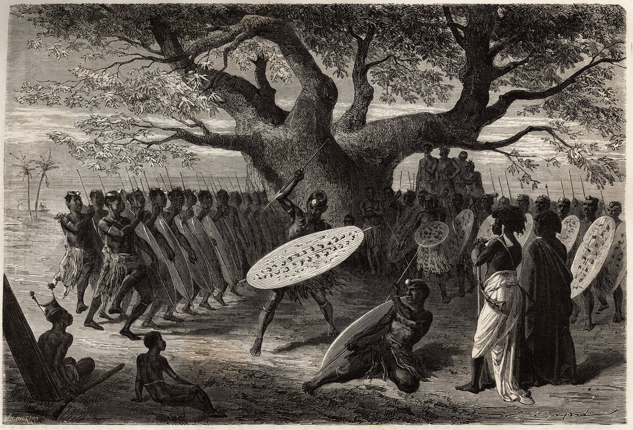 Exercícios guerreiros dos Landines ou caffres-zulus, um Sena (região do rio Zambeze, Moçambique). Gravura para ilustrar as primeiras viagens do Dr. Livingstone à África Austral de 1840 a 1856, na "Le tour du monde, nouveau journal des voyages" publicada so de Unknown artist