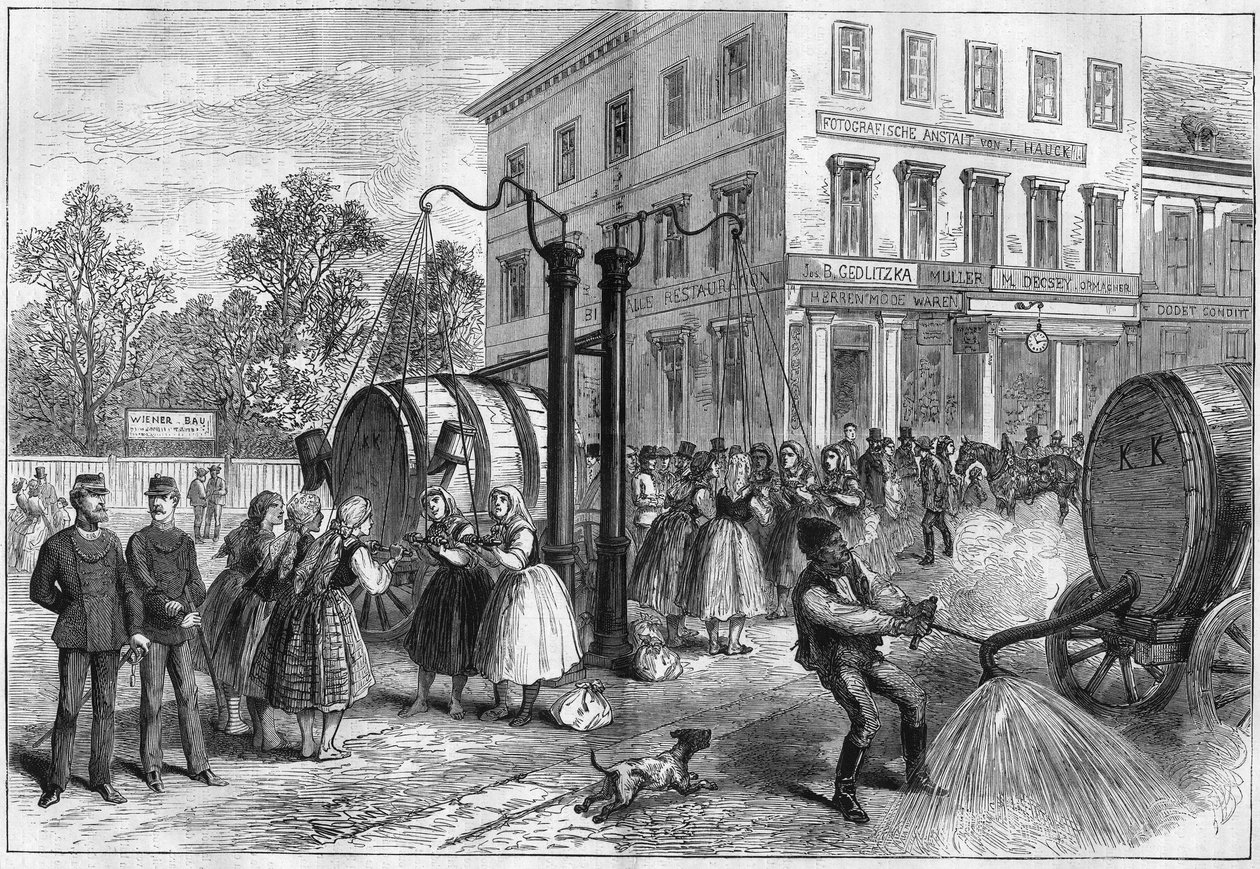 Sistema de rega nas ruas de Viena, Áustria, em 1873. de Unknown artist