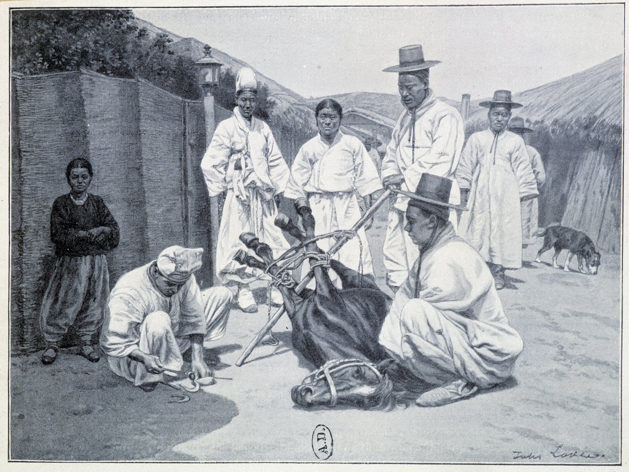 Maneira de ir buscar um cavalo na Coreia - gravura de Unknown artist