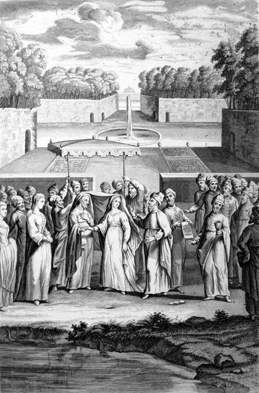 Casamento de acordo com o rito hebraico. Gravura do século XIX. de Unknown artist