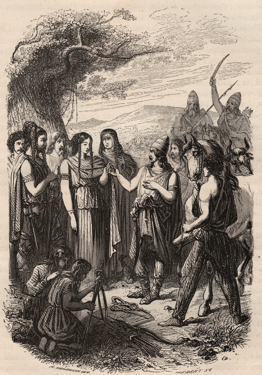 Cerimónia de casamento nos Alemães. Gravura de 1868 no "Histoire de Belgique desde os tempos primitivos até o fim do regimento de Leopoldo I" de Theodore Juste (1818-1888). Coleção privada. de Unknown artist