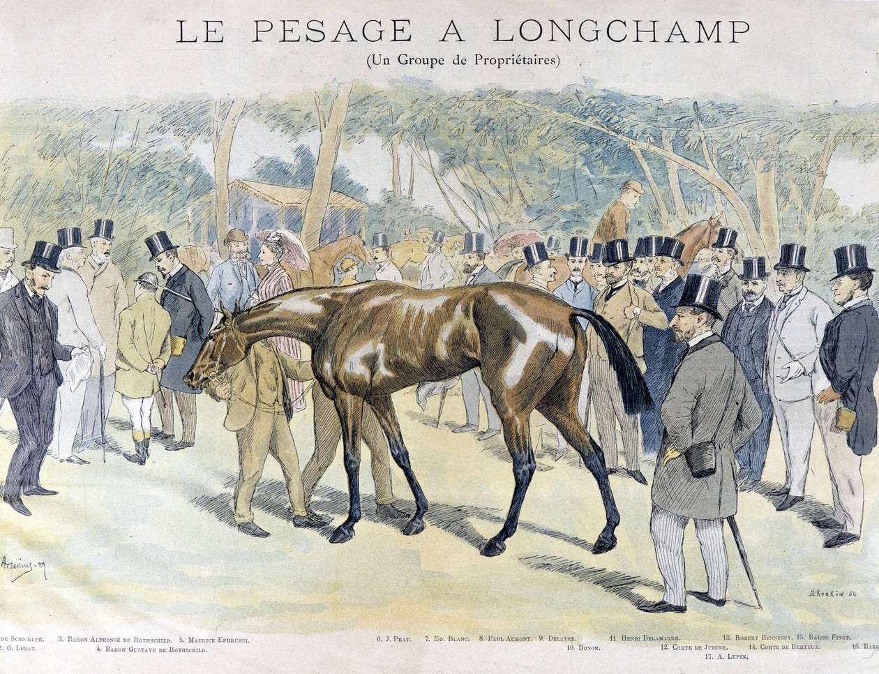 Pesagem em Longchamp e um grupo de proprietários de cavalos de Unknown artist