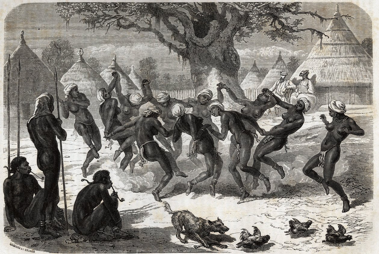 Dança de boas-vindas pelas mulheres da tribo, no regresso de Baker e sua esposa do Lago Albert (Albert Nyanza). Engravure pour illustration le voyage au lac Albert, en 1861-1864, de Sir Samuel White Baker, in "Le tour du monde, nouveau journal des voyages de Unknown artist