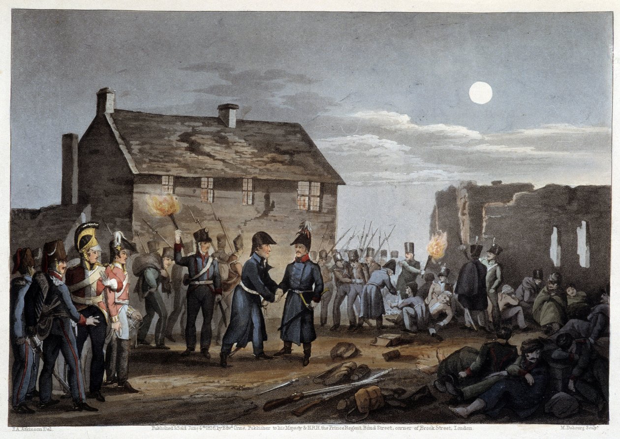 Wellington e Blucher encontram-se incidentalmente em Waterloo - em "Historical, military and naval anecdotes and incidents that arrived at the Armies of Brittany and their allies, ending in Waterloo" por Edward Orme, doente. por Atkinson, Londres de Unknown artist