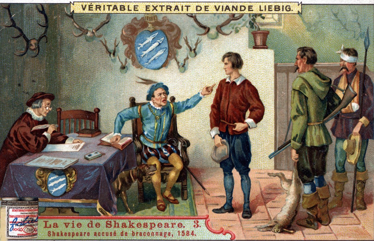 William SHAKESPEARE (1564-1616) acusado de caça furtiva em 1584. Chromo liebig do final do século XIX. de Unknown artist