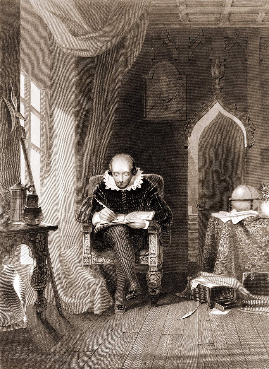 William Shakespeare (1564 - 1616) em seu escritório. de Unknown artist