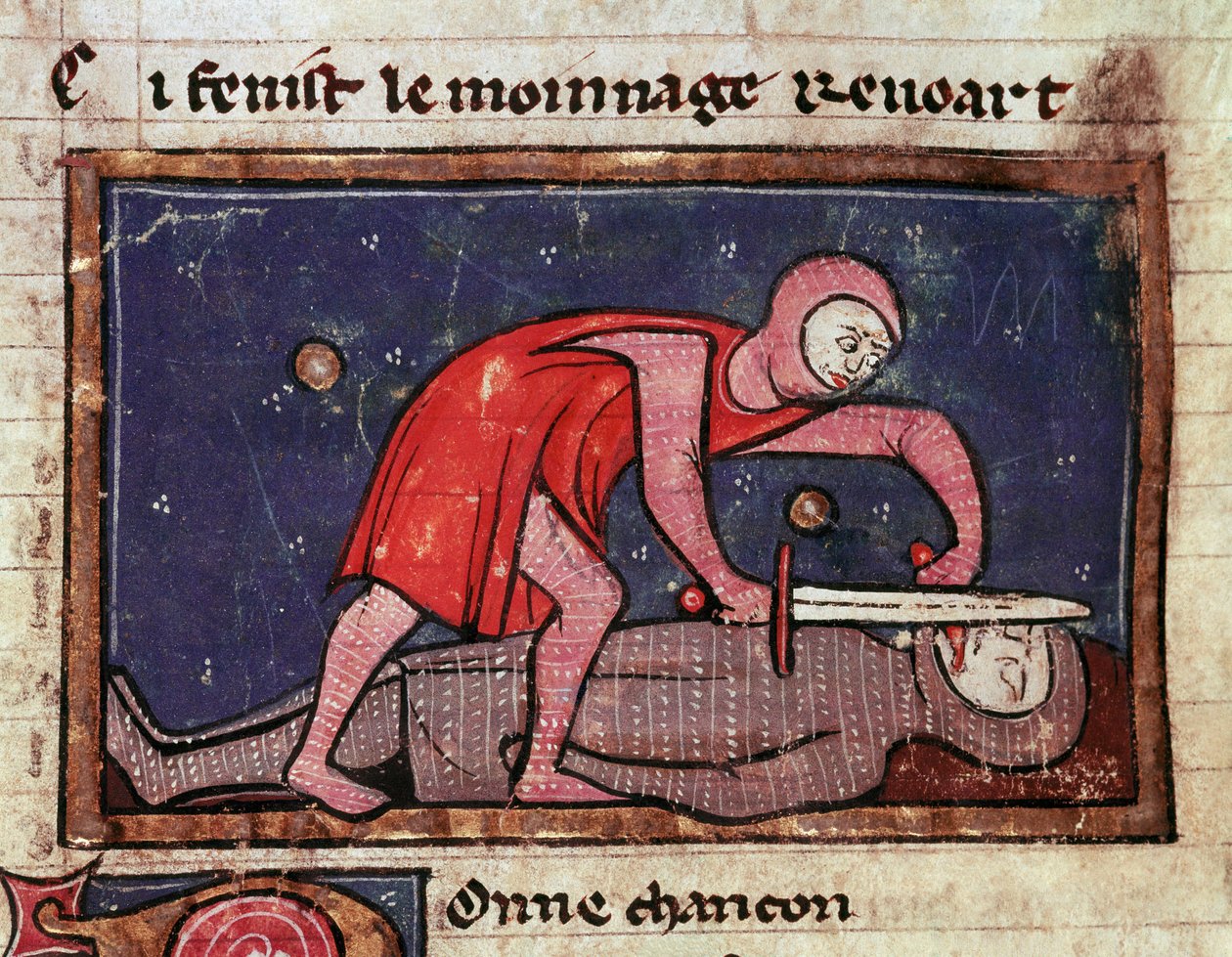 Guilherme V de Poitiers chamado o Grande (960-1030) corta a língua do seu inimigo Conde Boson II das Marcas (988-1008) em 1008 Miniatura tirada de "A Moeda de Guilherme" (ms. 1025) Milão do século XIII, Biblioteca Trivulziana de Unknown artist