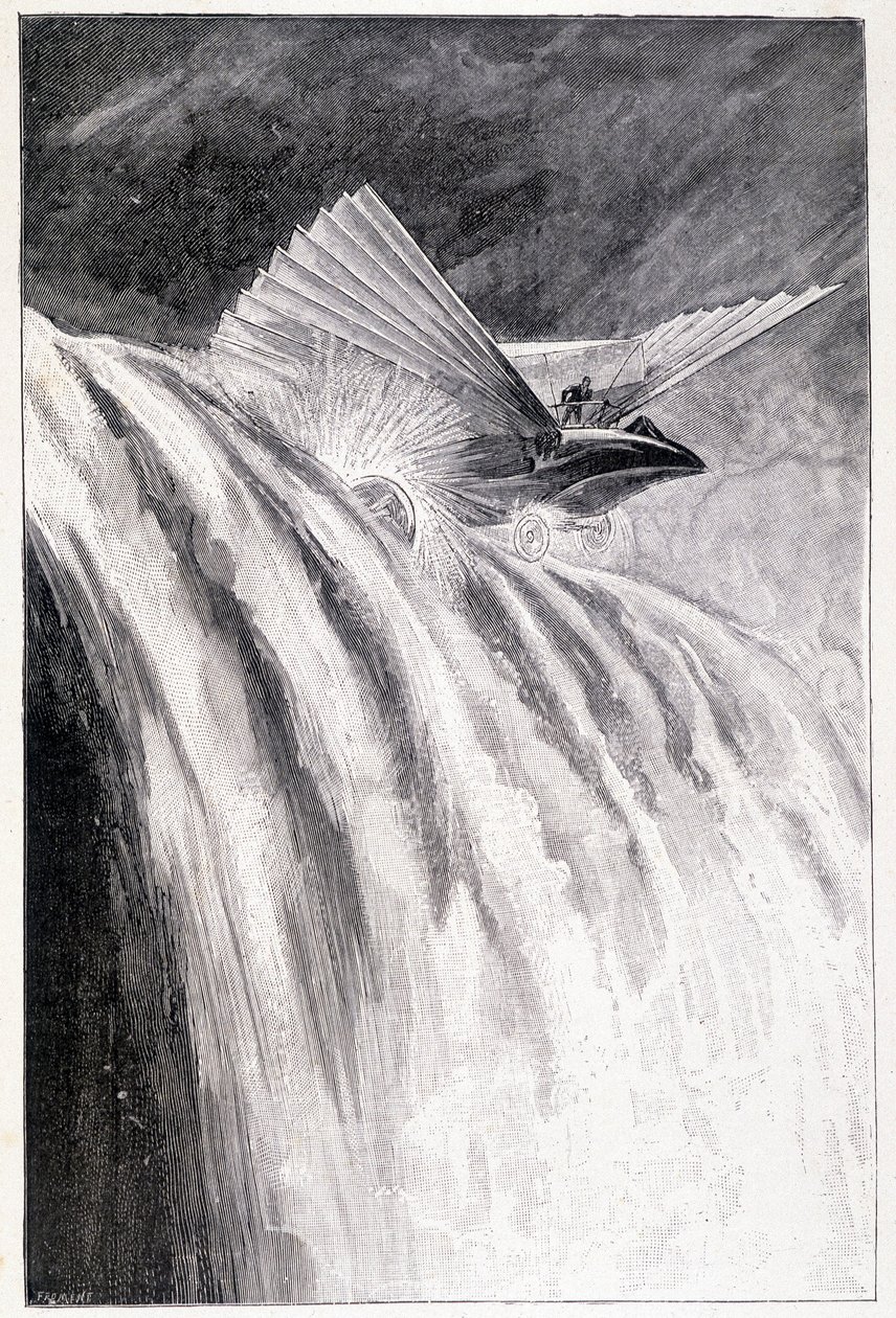 Veículo alado a atravessar uma cascata, doente. "O Mestre do Mundo", Jules Verne, final do século XIX. de Unknown artist