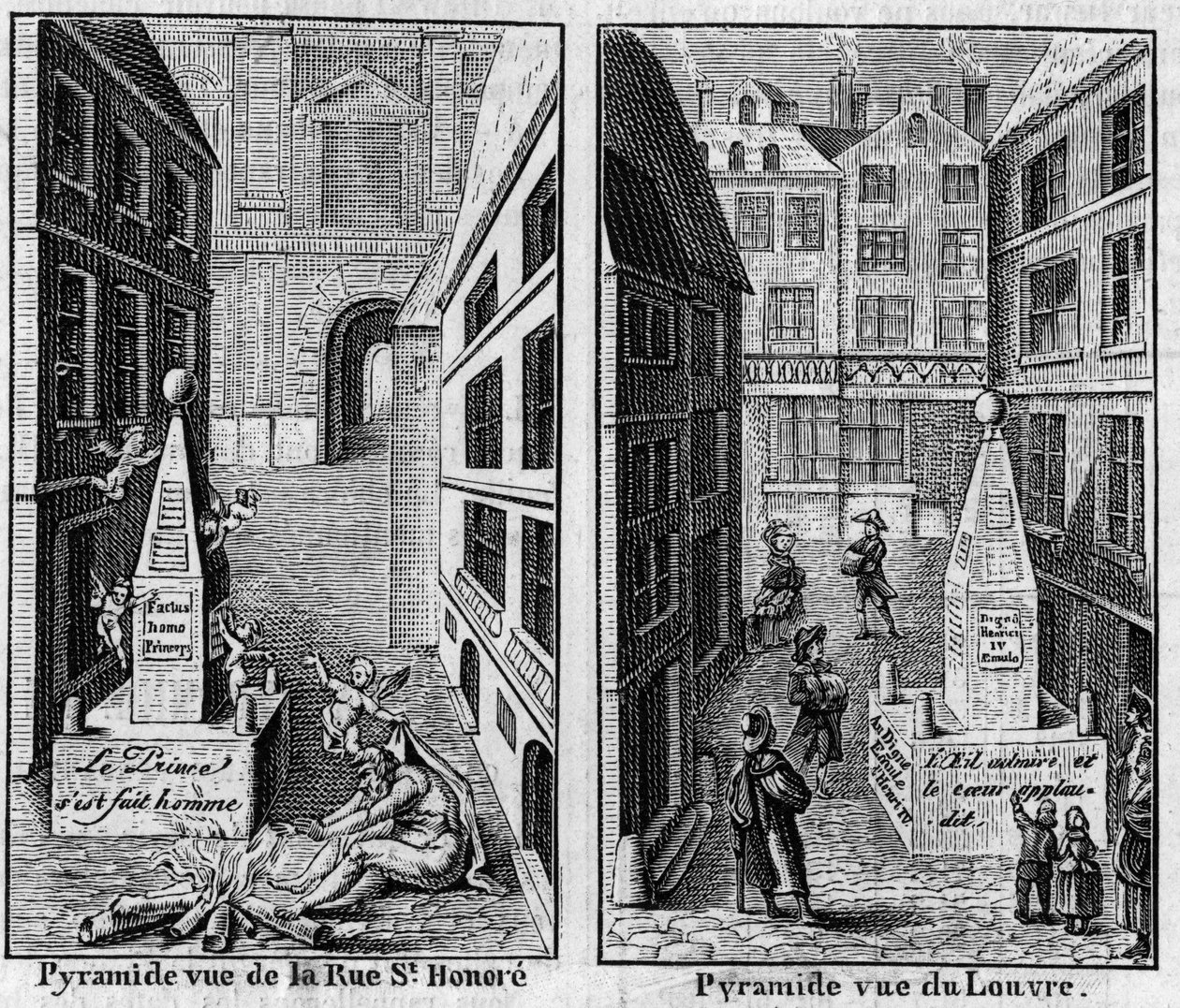 Pirâmide de Inverno 1784 em Paris. Fac-símile (Fac-símile) de duas estampas publicadas em "La Pyramide de neige", almanaque de 1786. Gravura em "La Nature: Revue des sciences et de leurs applications aux arts et a l