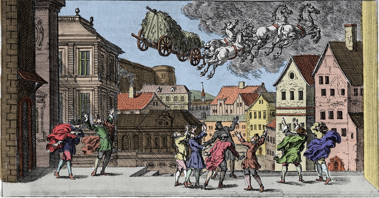 Bruxaria e crenças: um mágico escandinavo provocando uma tentação tão forte que ela levanta um cavalo e sua carroça carregada de feno. Gravura de "Mundi Mirabilis Oeconomia" de Johann Zahn (1631-1707) de Unknown artist