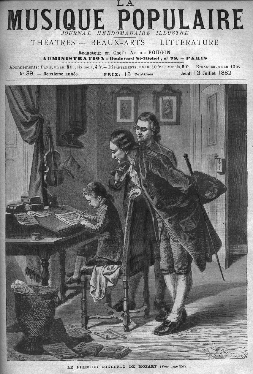 Wolfang Amadeus Mozart escrevendo um concerto para cravo na presença de seu pai Leopold e Andreas Schachtner em 1762 - gravura em "Música Popular" ilustrada no jornal semanal - 1882 de Unknown artist