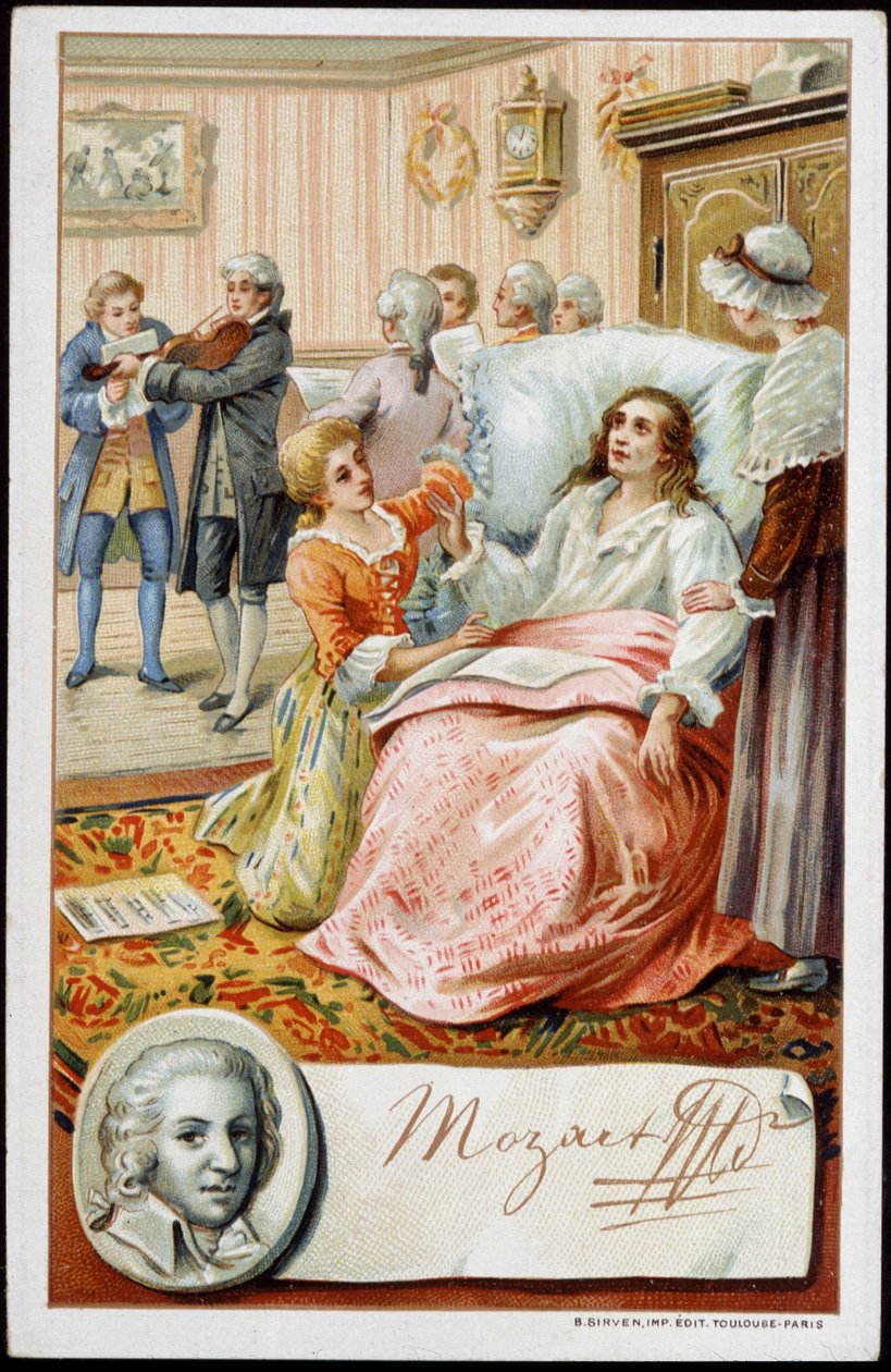 Wolfgang Amadeus Mozart (1756-1791) nos últimos dias da sua vida. Cromolitografia do século XIX de Unknown artist