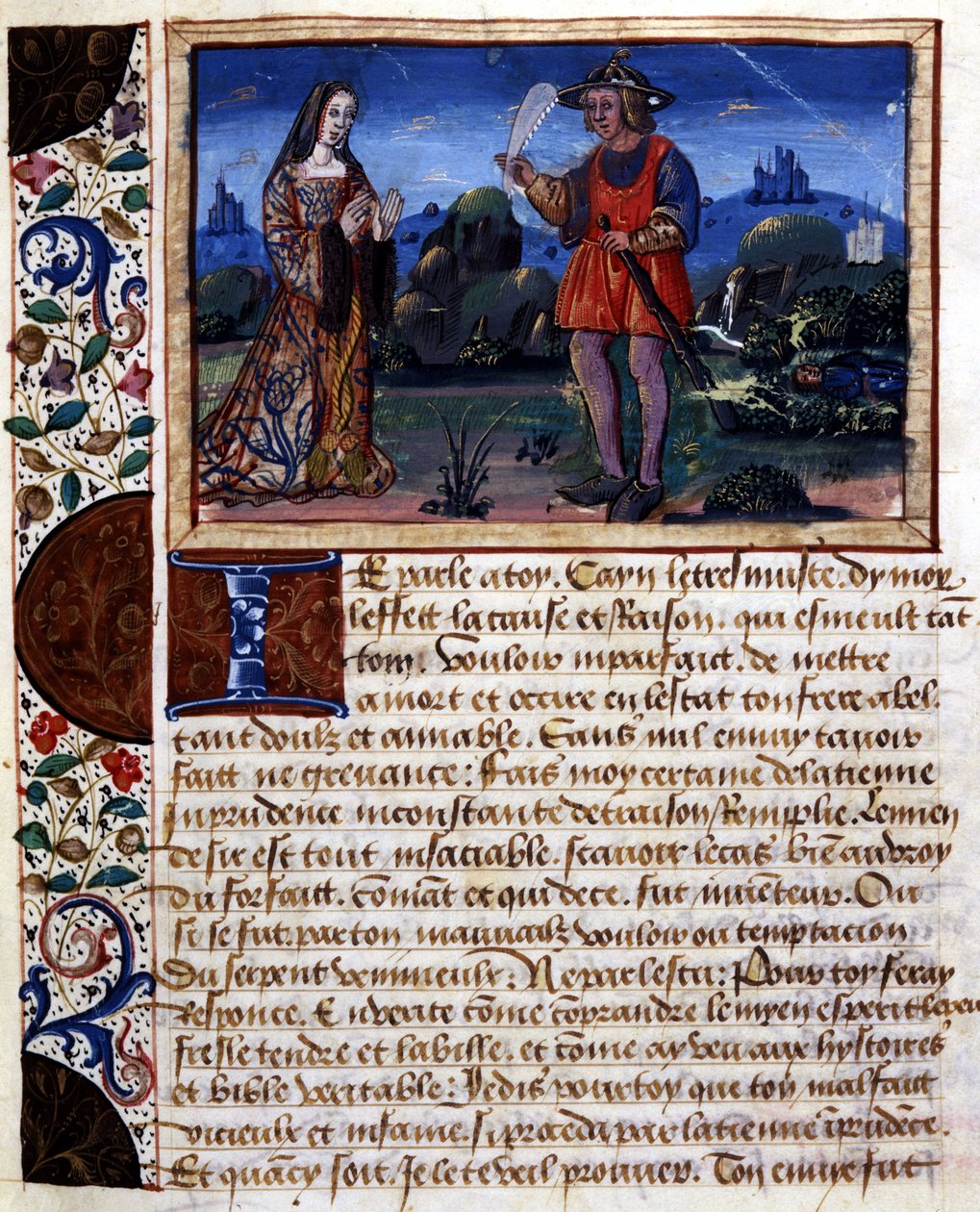 Mulher e homem na paisagem - iluminação, em "Livro de pudens e impudens dos tempos passa" de Catherine d