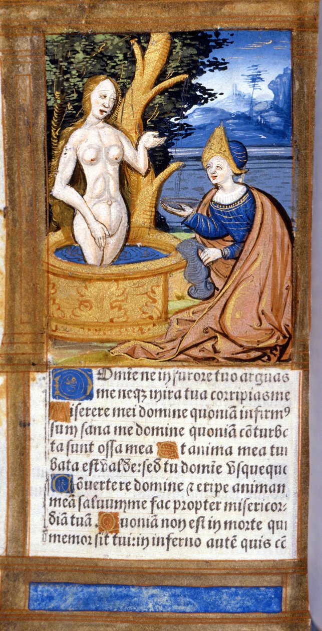 Mulher na casa de banho dela. Página de um manuscrito do Pentateuco. Século XV. Bíblia. Braidense, Milão. de Unknown artist