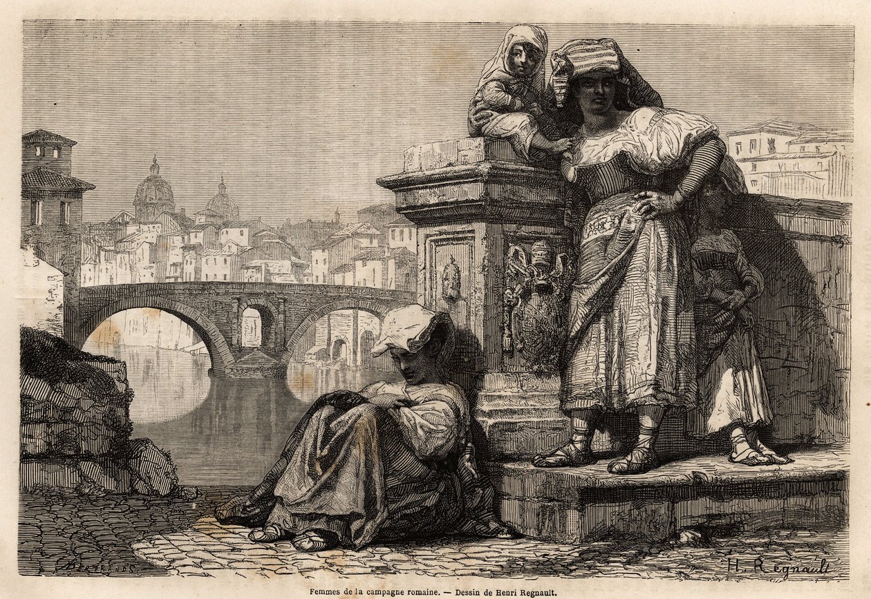 Mulheres e crianças do campo romano em repouso na beira do Tibre, atrás do horizonte: as cúpulas da Basílica de São Pedro no Vaticano. Gravura para ilustrar a viagem a Roma, de Francis Wey, em 1864-1868, publicada em "Le tour du monde, no de Unknown artist