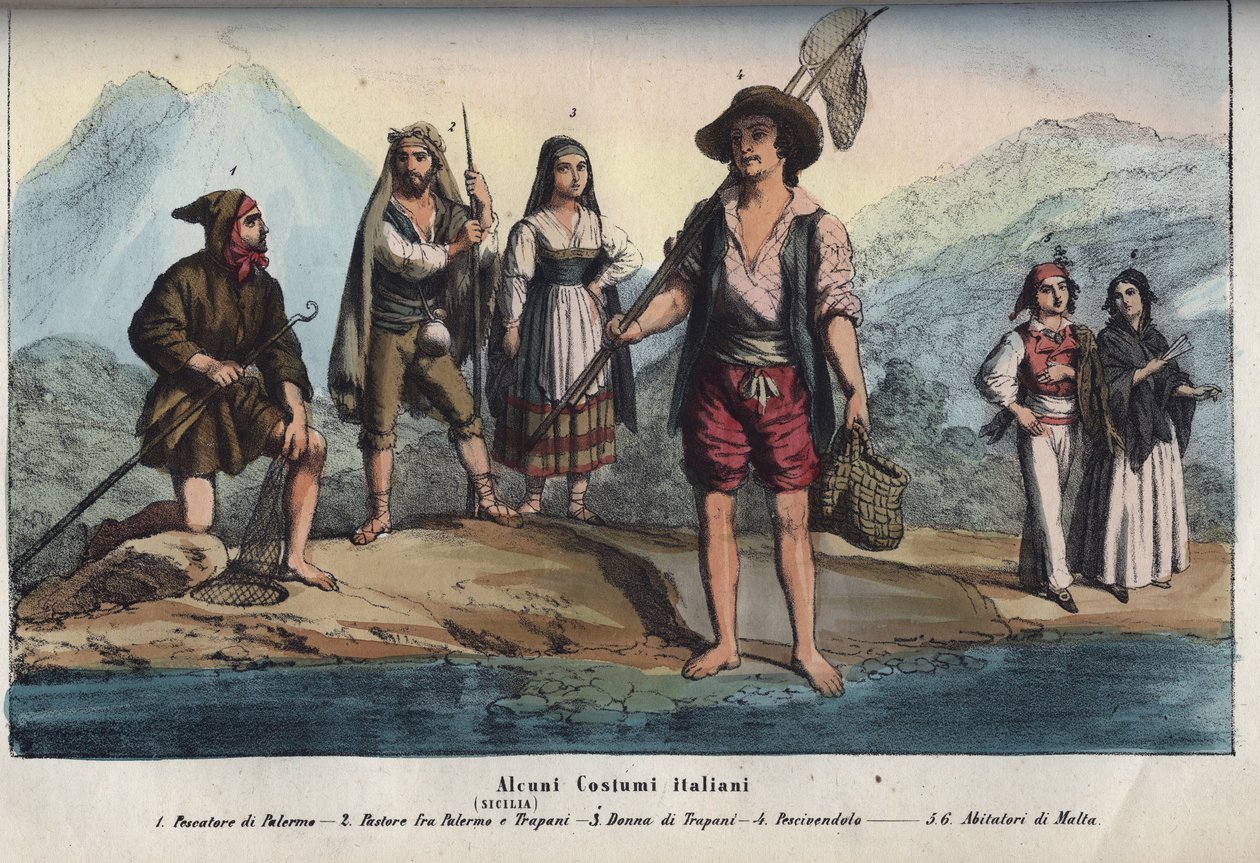 Mulheres e homens com trajes tradicionais sicilianos - Pescador de Palermo, pastor entre Palermo e Trapani, mulher de Trapani, peixeiro, habitantes de Malta. gravura de "Usi e Costumi di Tutti i Popoli dell