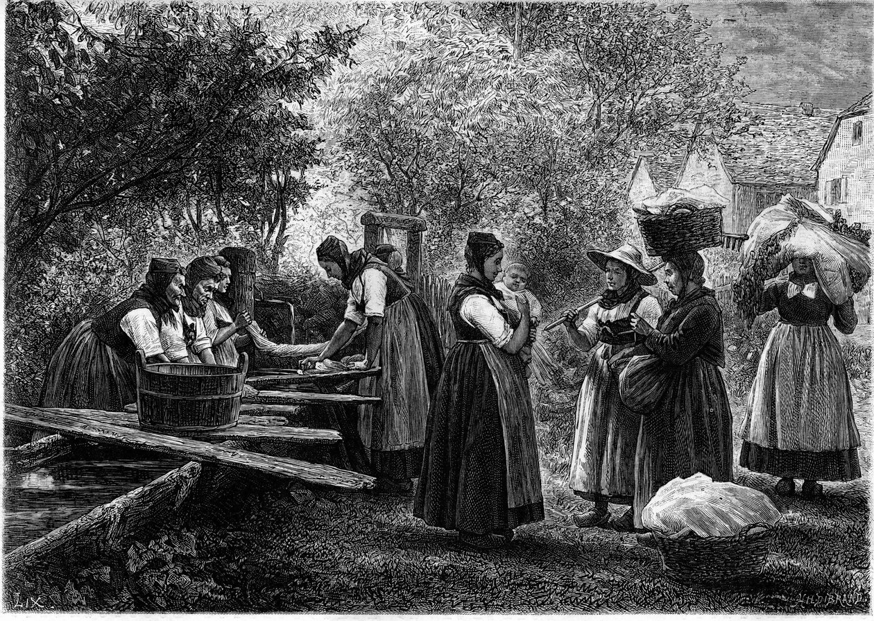 As mulheres lavam roupa na Alsácia. Gravura na ilustre revista "La jeunesse". de Unknown artist