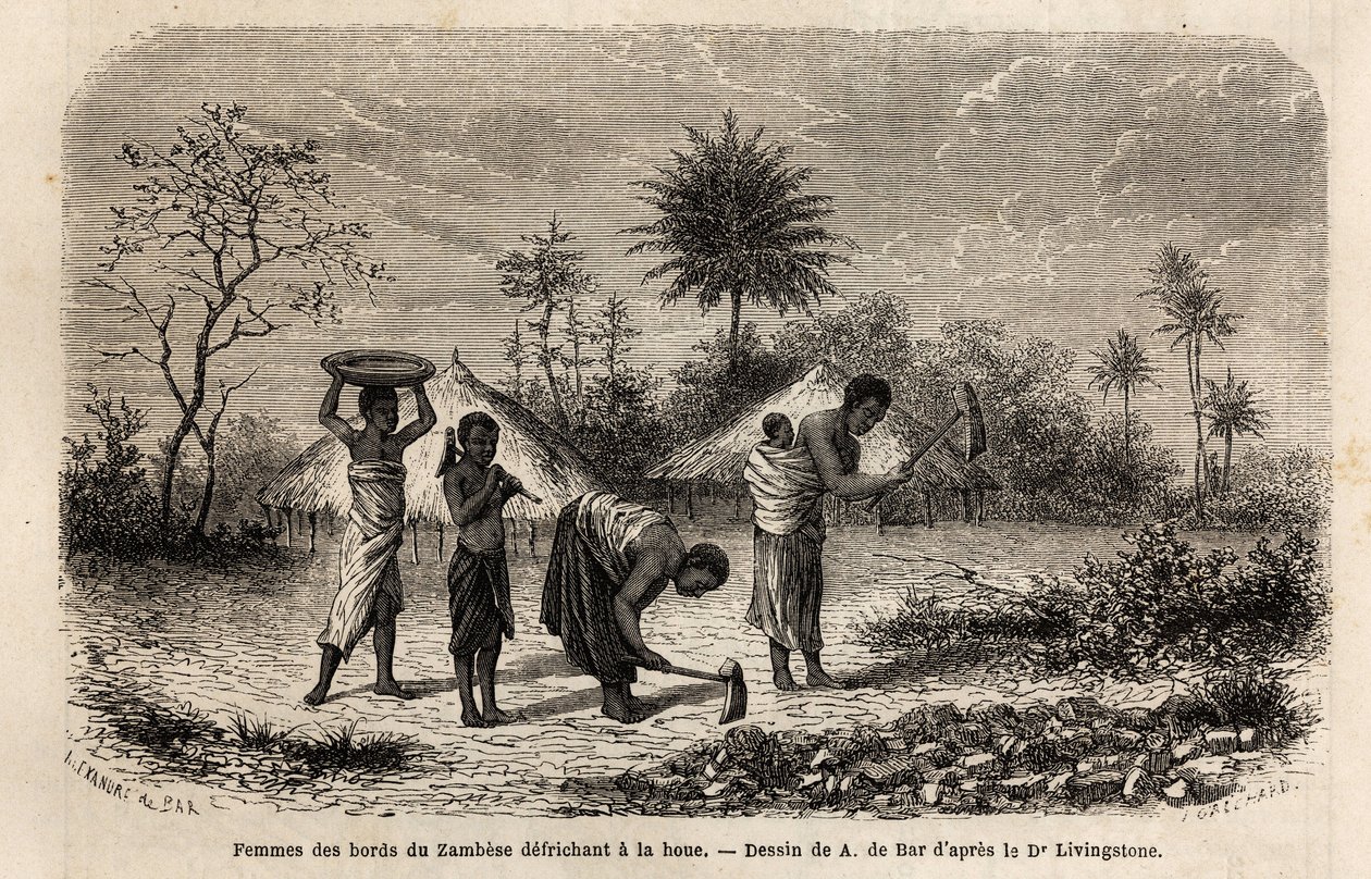 Mulheres das margens do Zambeze, enriquecendo uma enxada e introduzindo as crianças no trabalho agrícola. Gravura para ilustrar as primeiras viagens do Dr. Livingstone à África Austral de 1840 a 1856, no "Le tour du monde, nouveau journal des voyages" publ de Unknown artist
