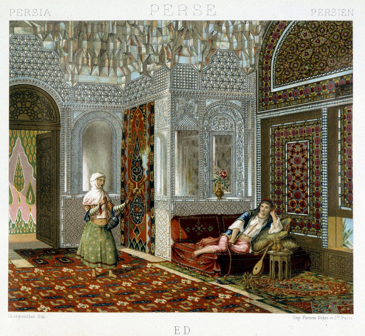 Mulheres numa sala de estar na Pérsia - em "O traje histórico" de Racinet de Unknown artist