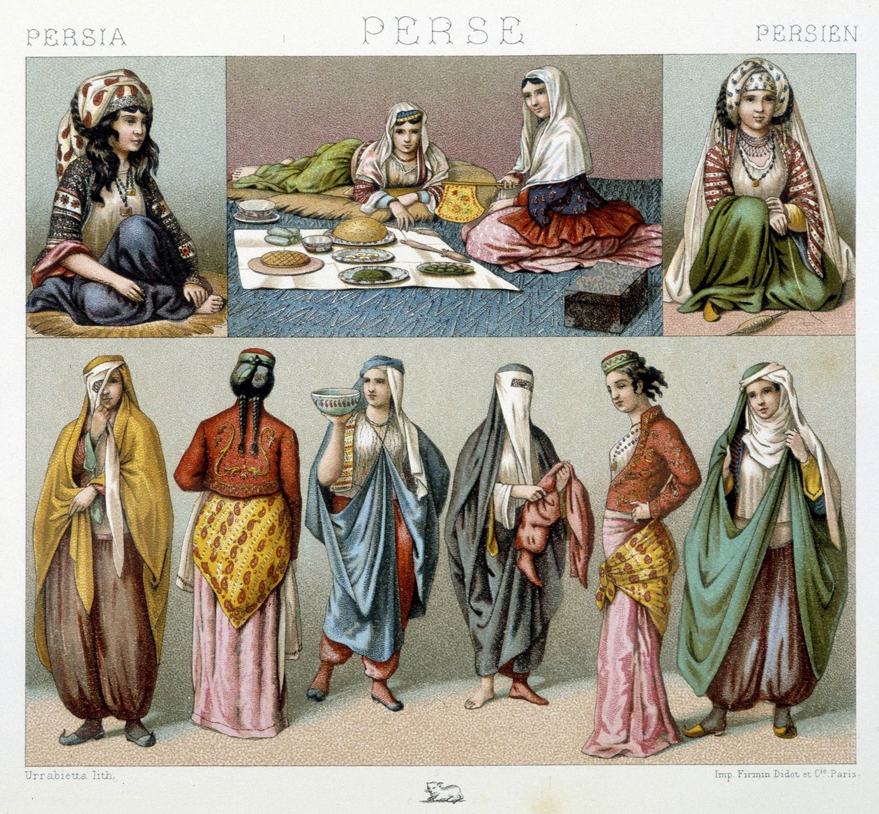 Refeição feminina e trajes femininos na Pérsia - em "O traje histórico" de Racinet de Unknown artist