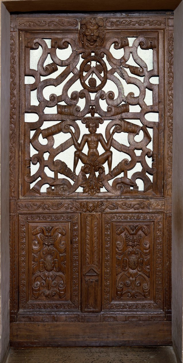 Porta de madeira esculpida com esqueleto. Enouen do século XVI. de Unknown artist