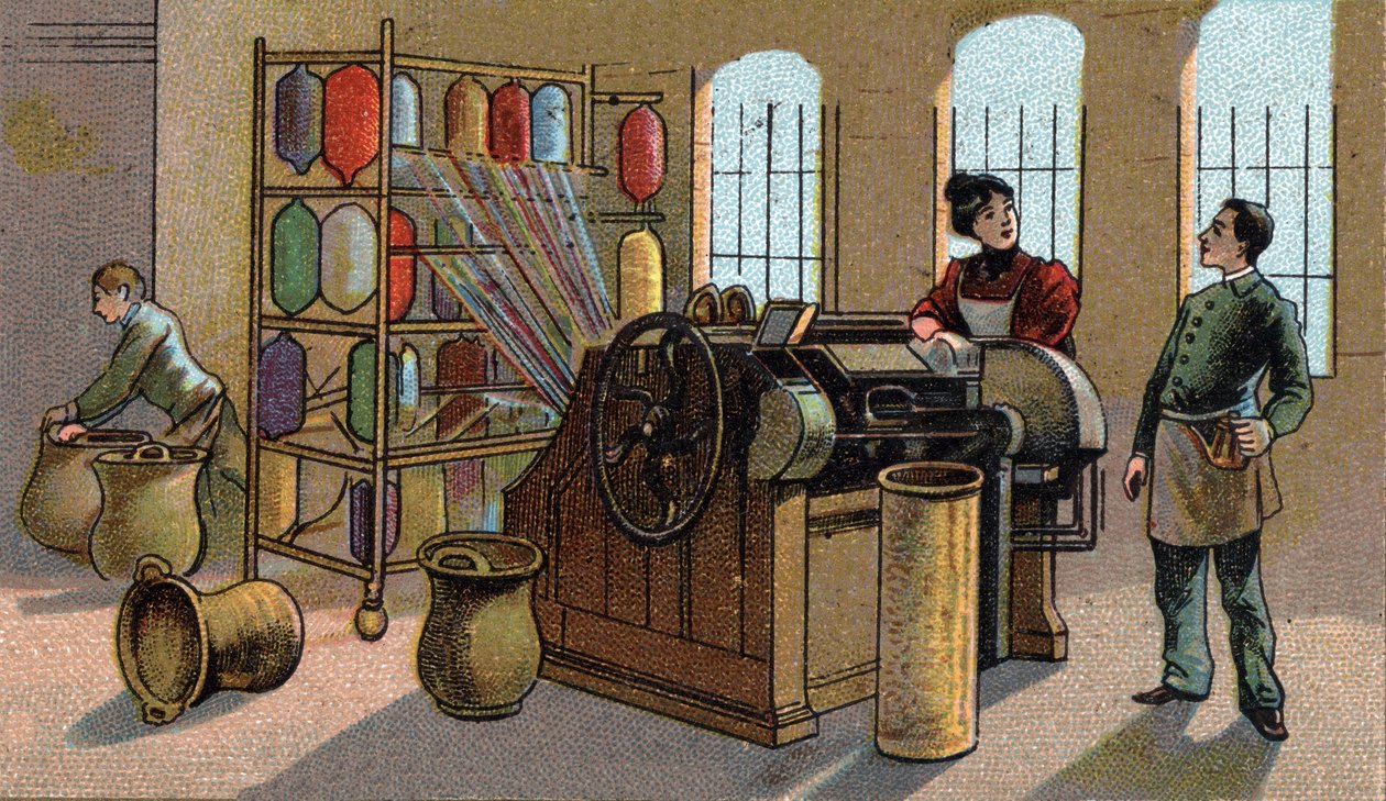 Indústria da lã, pentear. Cromolitografia do final do século XIX de Unknown artist