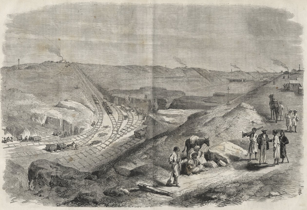 Obras no canal do Suez em 1864 - Obras de construção e perfuração do canal do Suez em 1864 (Tranchee Chaluf) - de Unknown artist
