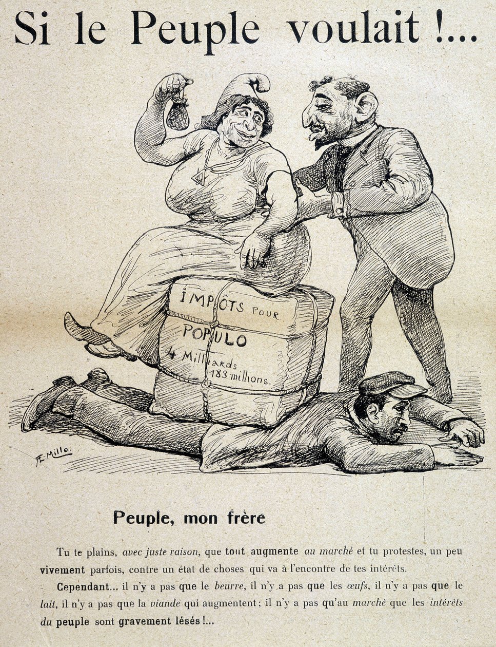 Trabalhador esmagado por "impostos para a populo" - desenho animado, final do século XIX de Unknown artist