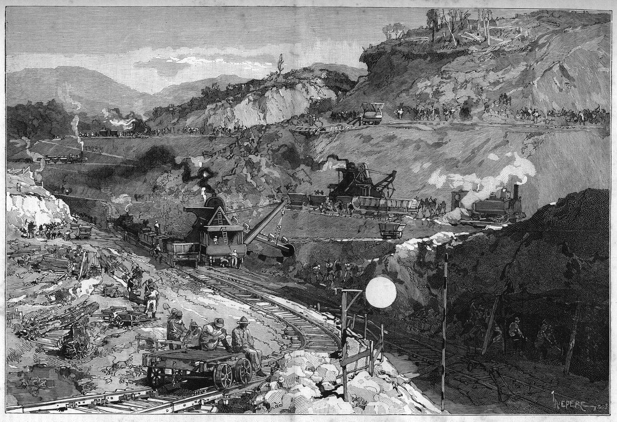 Trabalhador na trincheira no Baixo Obispo (Base Opispo) para a construção do Canal do Panamá. Gravura no "Le Monde Illustré". de Unknown artist
