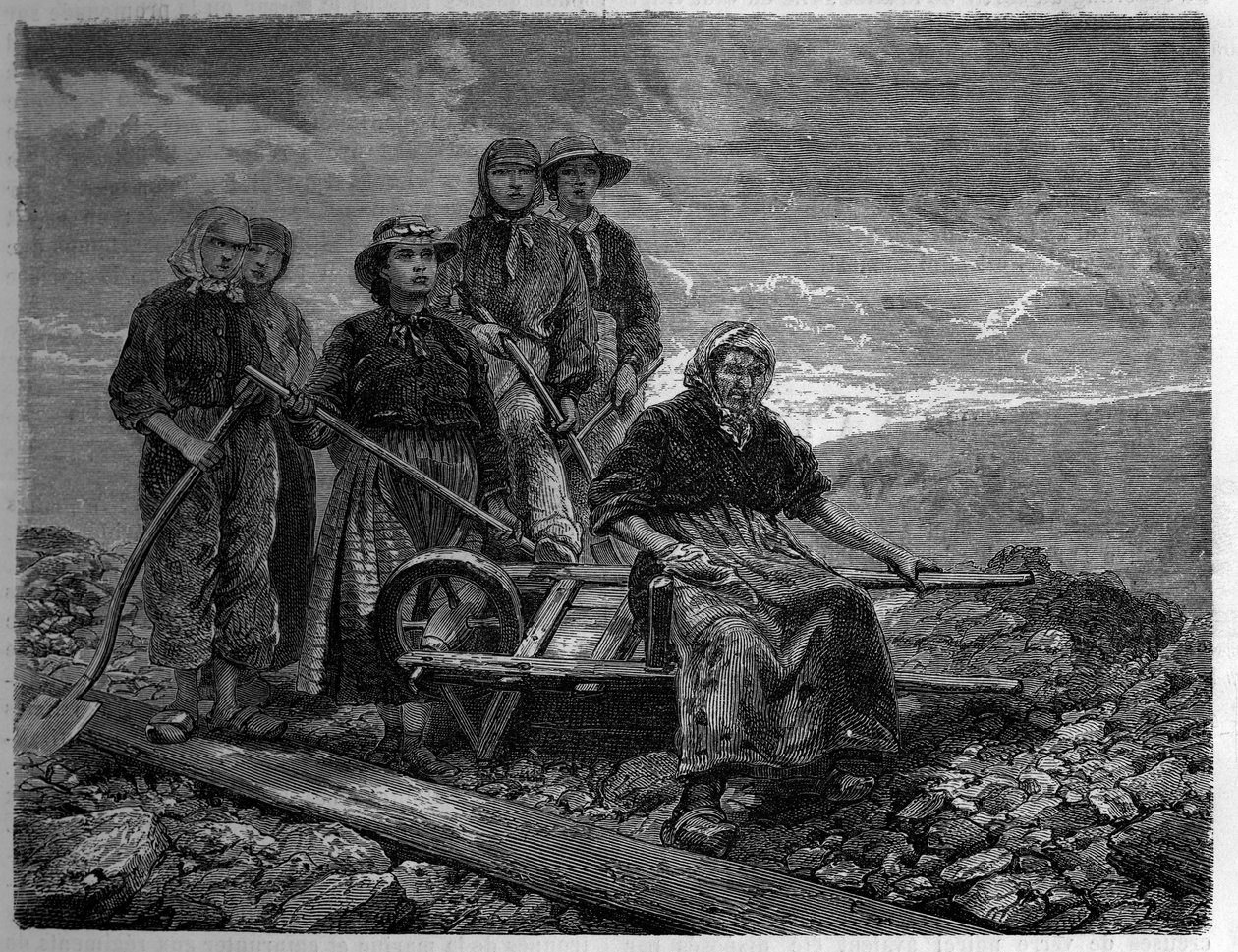 Trabalhadores nas minas de Creusot, Saone e Loire (71). Gravura em "Le journal de la jeunesse". de Unknown artist