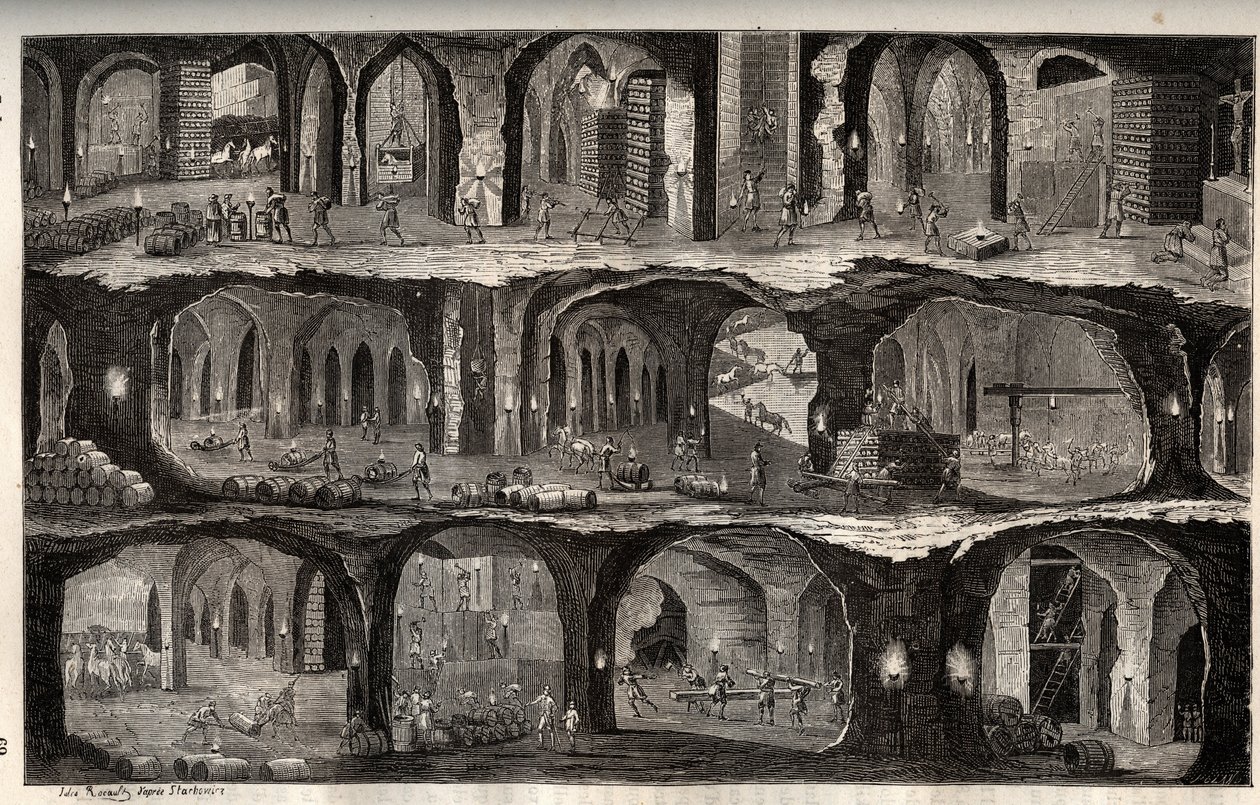 Trabalhar na Mina de Sal de Wieliczka - cidade mineira na Polónia - Vista das obras subterrâneas nas minas de sal de Wieliska, em Gallicie - gravura em 
