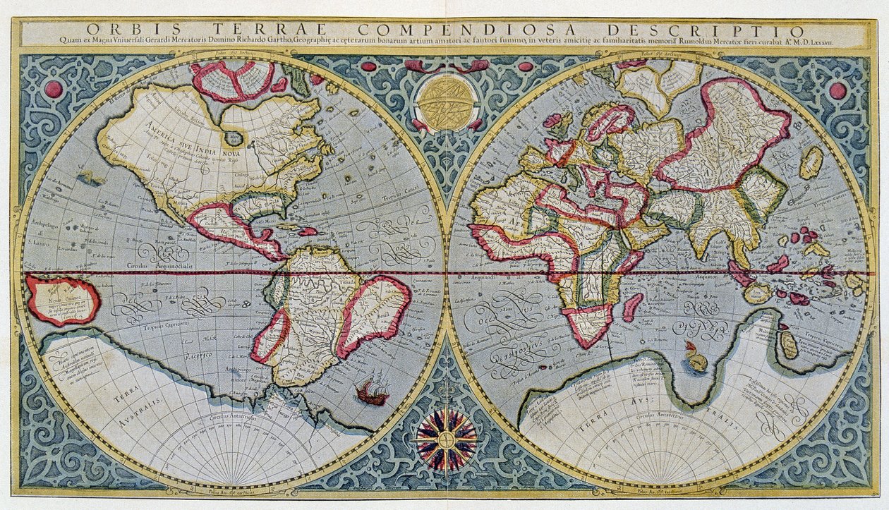 Mapa Mundial de Mercator (1587) - após "Gerardi Mercatoris Atlas sive Cosmographicae meditationes de fabrica mundi et fabricati figura", Amsterdam de Unknown artist