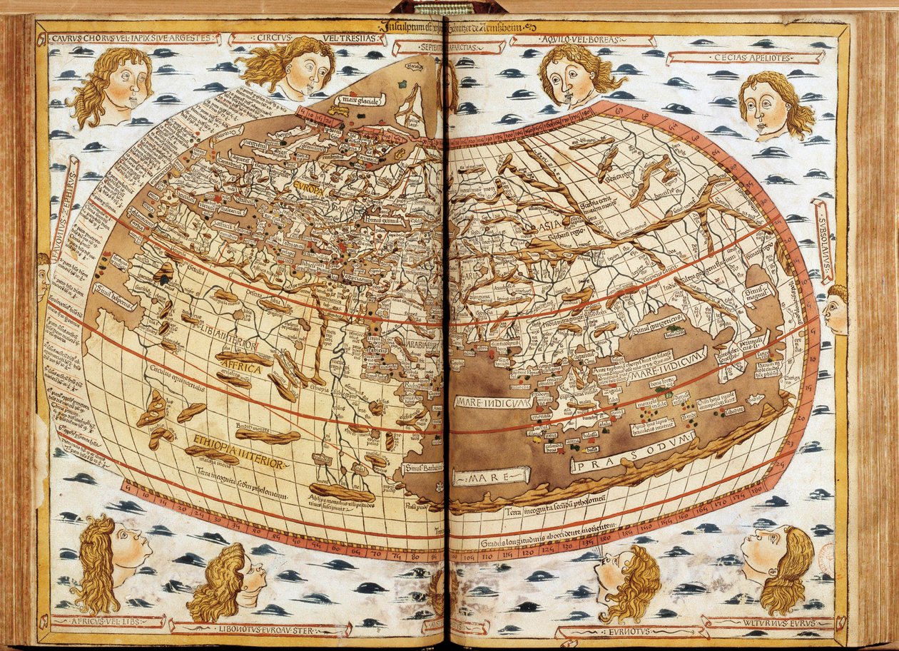 Mapa mundial de Claude Ptolemee. As cabeças humanas que sopram ar representam os diferentes ventos (cujos nomes são indicados). Em "Latin Geographia". Beatissimo Patri Paulo Secundo Pontifici Maximo. Donis Nicolaus". Em "Geografia manuscrito dedicado ao Pa de Unknown artist