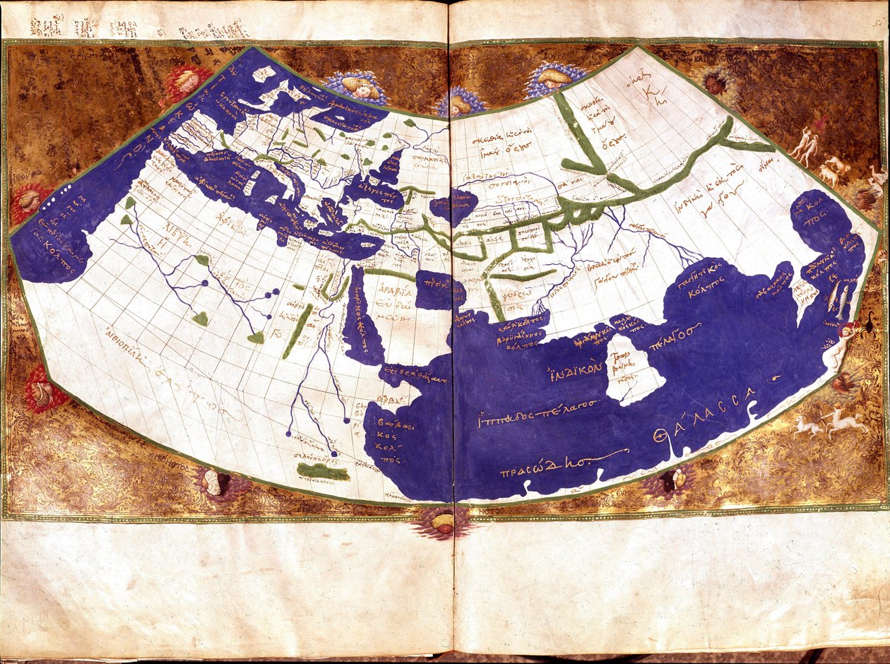 Mapa mundial de Claudius Ptolemaeus (Claude Ptolemee, 90-168 ap JC), astrónomo e astrólogo grego - Representação da Terra Plana sem os Polos Norte e Sul e sem os Polos Americanos - Manuscrito do século XV - Veneza, Biblioteca Marciana de Unknown artist