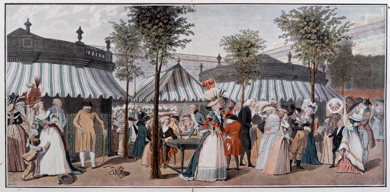 Passeio pelo mundo através dos jardins do Palácio Real, finais do século XVIII - cromo após a gravura de Debucourt de Unknown artist