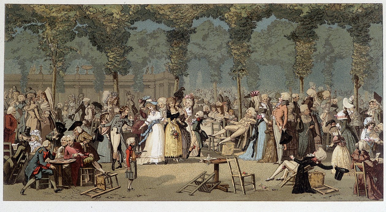 Passeio pelo mundo através dos jardins do Palácio Real, finais do século XVIII - cromo após a gravura de Debucourt de Unknown artist