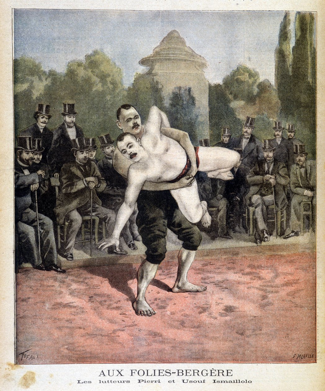 Wrestlers Pierri e Ussouf Ismaillolo no Folies Bergères em Paris. Na revista Le petit, em 31/03/1895. de Unknown artist