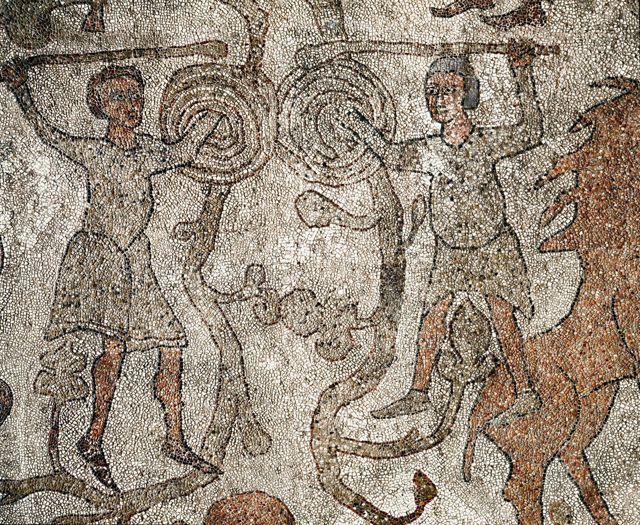 Wrestlers, símbolo do cristianismo. Pavimento de Pantaleone (ou Pantaleon de Unknown artist