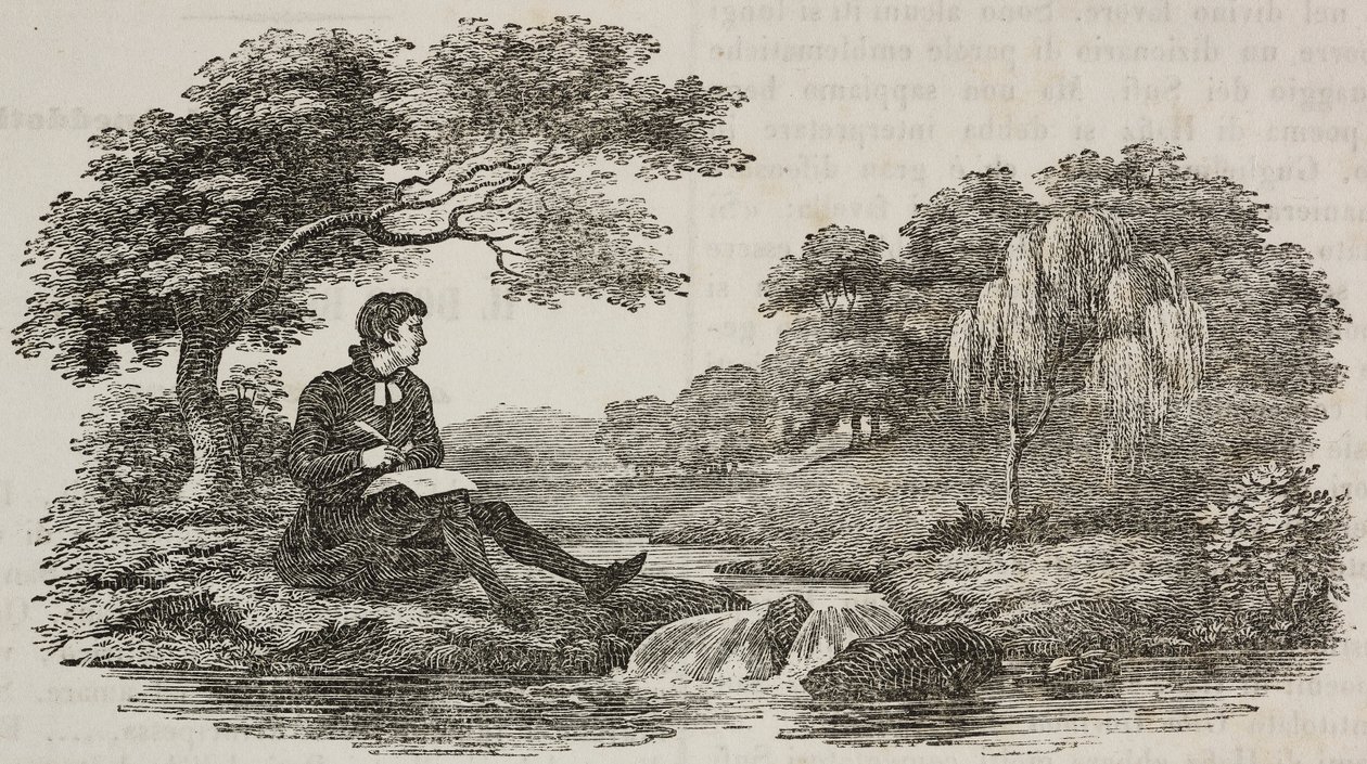 Escritor debaixo de árvore em frente à ribeira, ilustração do Teatro universale, Raccolta enciclopedica e scenografica, No 575, 19 de Julho de Unknown artist