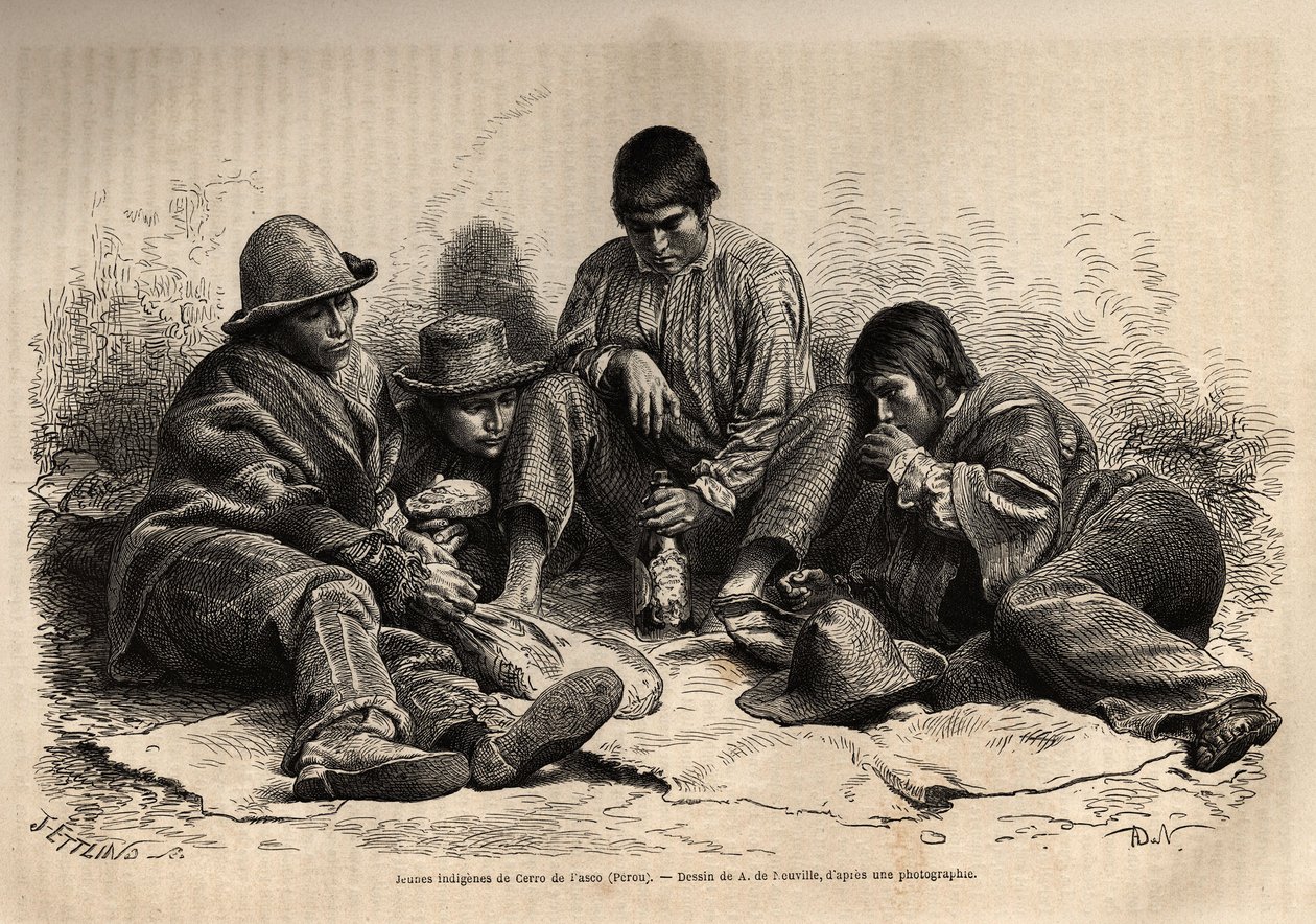 Jovens índios de Cerro de Pasco (centro do Peru), se reúnem para o café da manhã. Gravura para ilustrar Les iles Chincha, reto de L.Simonin, em 1860, publicado em "Le tour du monde, nouveau journal des voyages", editado por Edouard Charton de Unknown artist