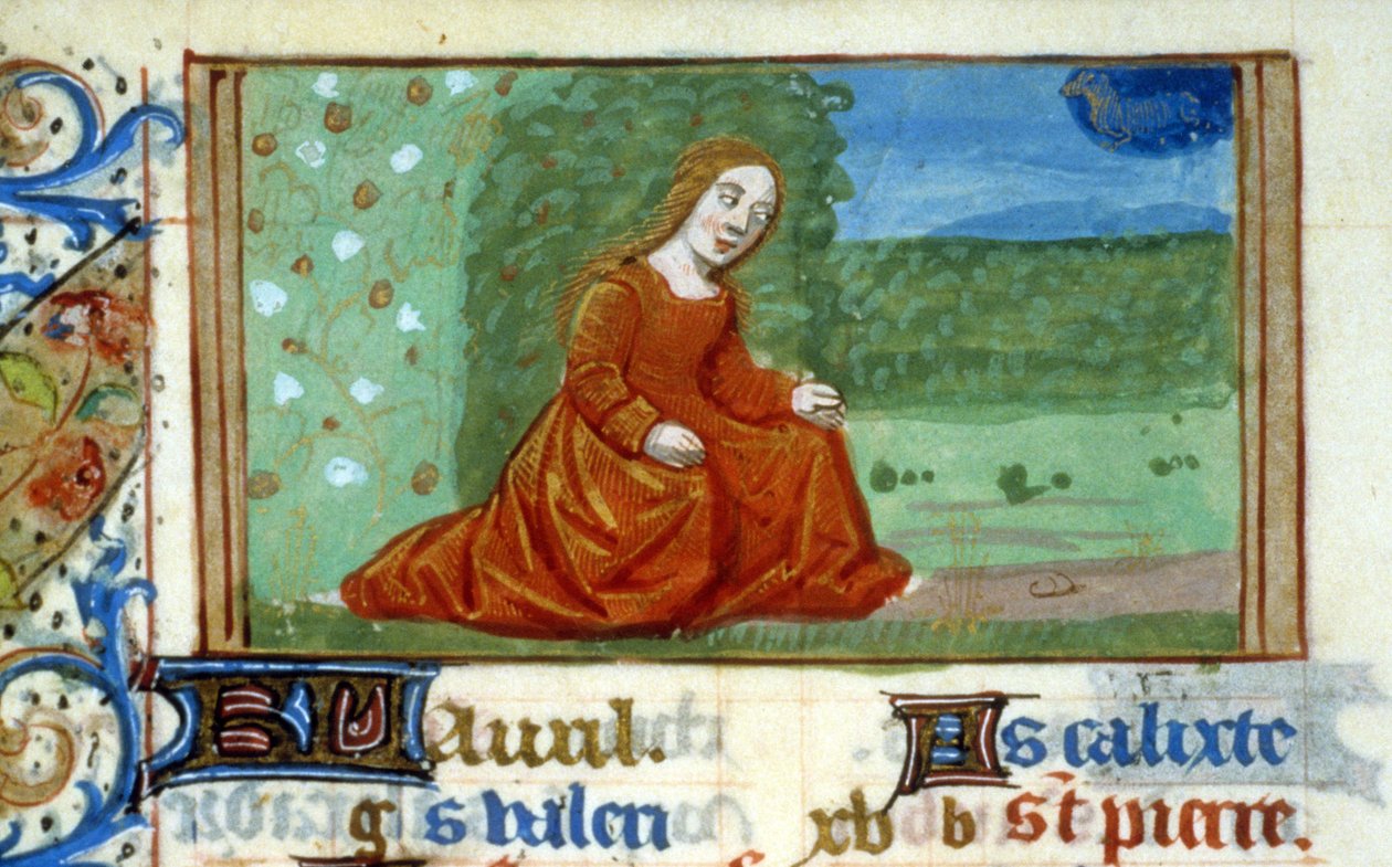 Jovem mulher em um jardim e signo do zodíaco Taurus - Miniatura de Unknown artist