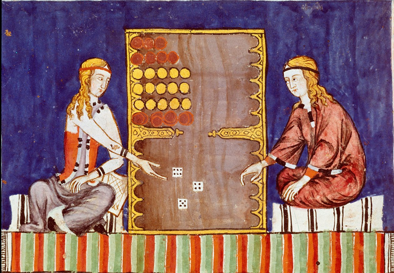 Jovens mulheres jogando tric trac (tri-trac), ancestral do Gamão - Miniatura do manuscrito "Libro de los juegos" de Alfonso X o Sábio ou o Salvador (em espanhol, Alfonso X el Sabio de Unknown artist