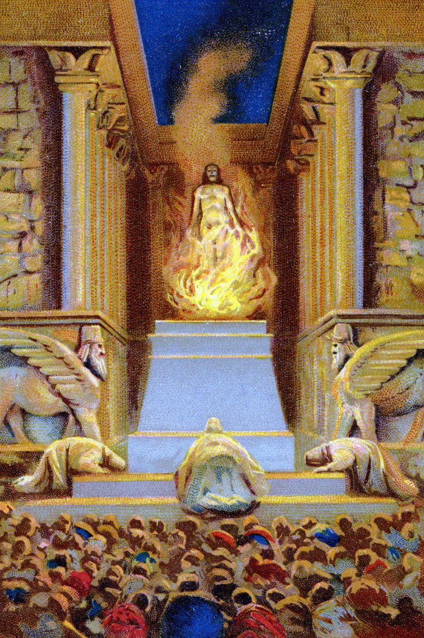 Zarathustra (Zarathustra, Zarathushtra, Zarathustra ou Zoroastra) morreu no templo rodeado pela chama. Chromolithograh do século XIX. de Unknown artist