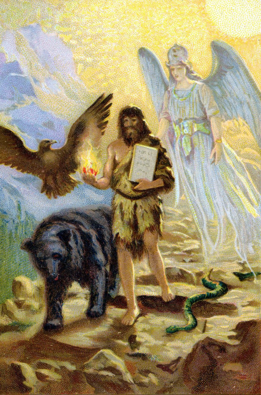 Zarathustra (Zarathustra, Zarathushtra, Zarathustra ou Zoroastra), guiado pelo Arcanjo e acompanhado por animais que o acompanhariam durante o seu retiro na montanha, desce entre os homens para levar as mesas da lei recebidas por Ahura Mazda de Unknown artist