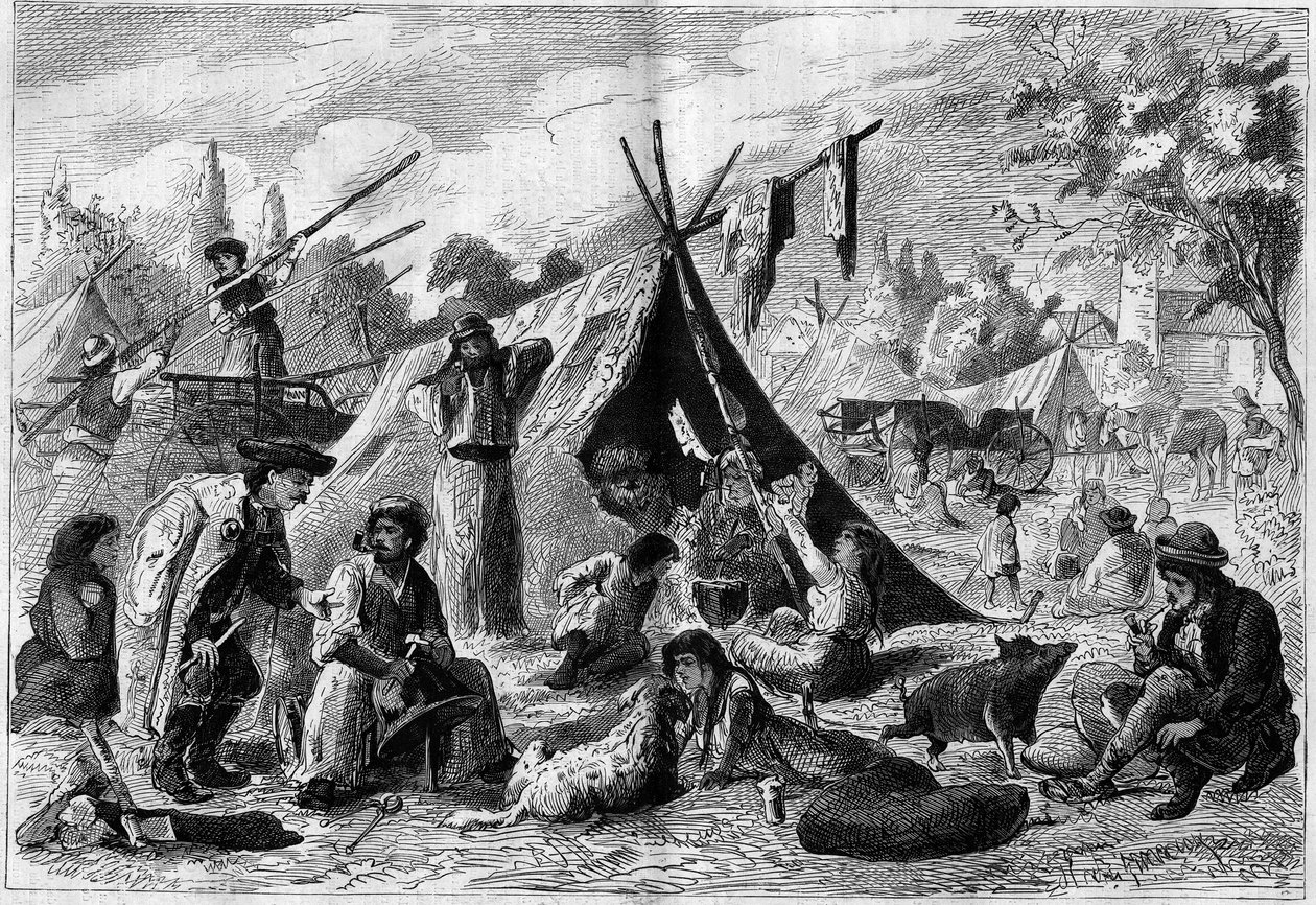 Acampamento Zingari (um campo boémio) no subúrbio de Viena, na Áustria, em 1873. de Unknown artist