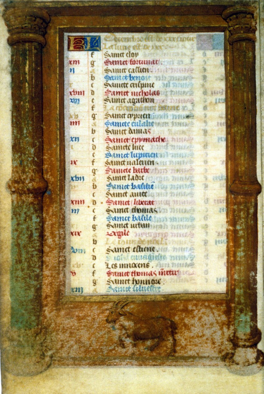 Zodíaco Capricórnio e Santos do mês de Dezembro - Idade Média em miniatura (ref.: 135, 006v): Pedido de autorização para a Biblioteca Municipal de Toulouse (tel: 05 62 27 66 66) de Unknown artist