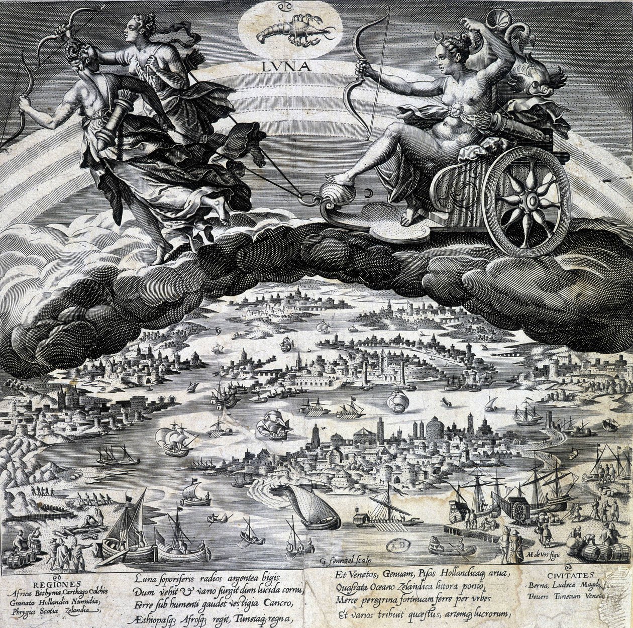 Signo do Zodíaco Câncer. Lua, representação do tanque de Semelee. Gravura do século XIX. de Unknown artist