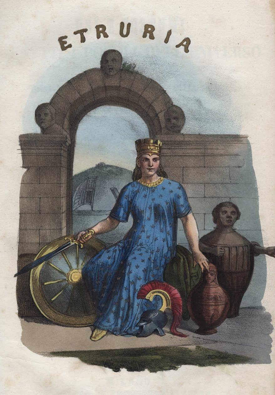 alegoria da Etrúria - gravura de "Usos e costumes de todos os povos do Universo". Ou melhor, a história do governo, das leis, das milícias, da religião de todas as nações desde os tempos mais remotos até aos nossos dias" 1856 de Unknown artist