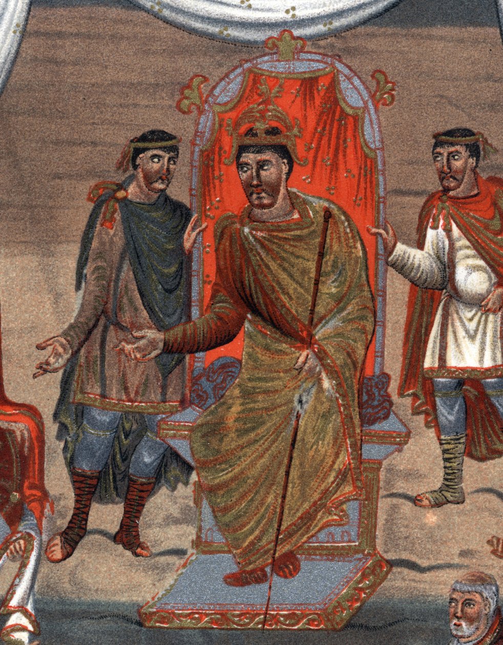 detalhes de: Carlos II o Careca (823 - 877), Rei de França recebendo uma delegação de monges de Tours.Fac-Simile em cromolitografia do século XIX, após uma miniatura do século X conservada no B.N. de Paris. de Unknown artist