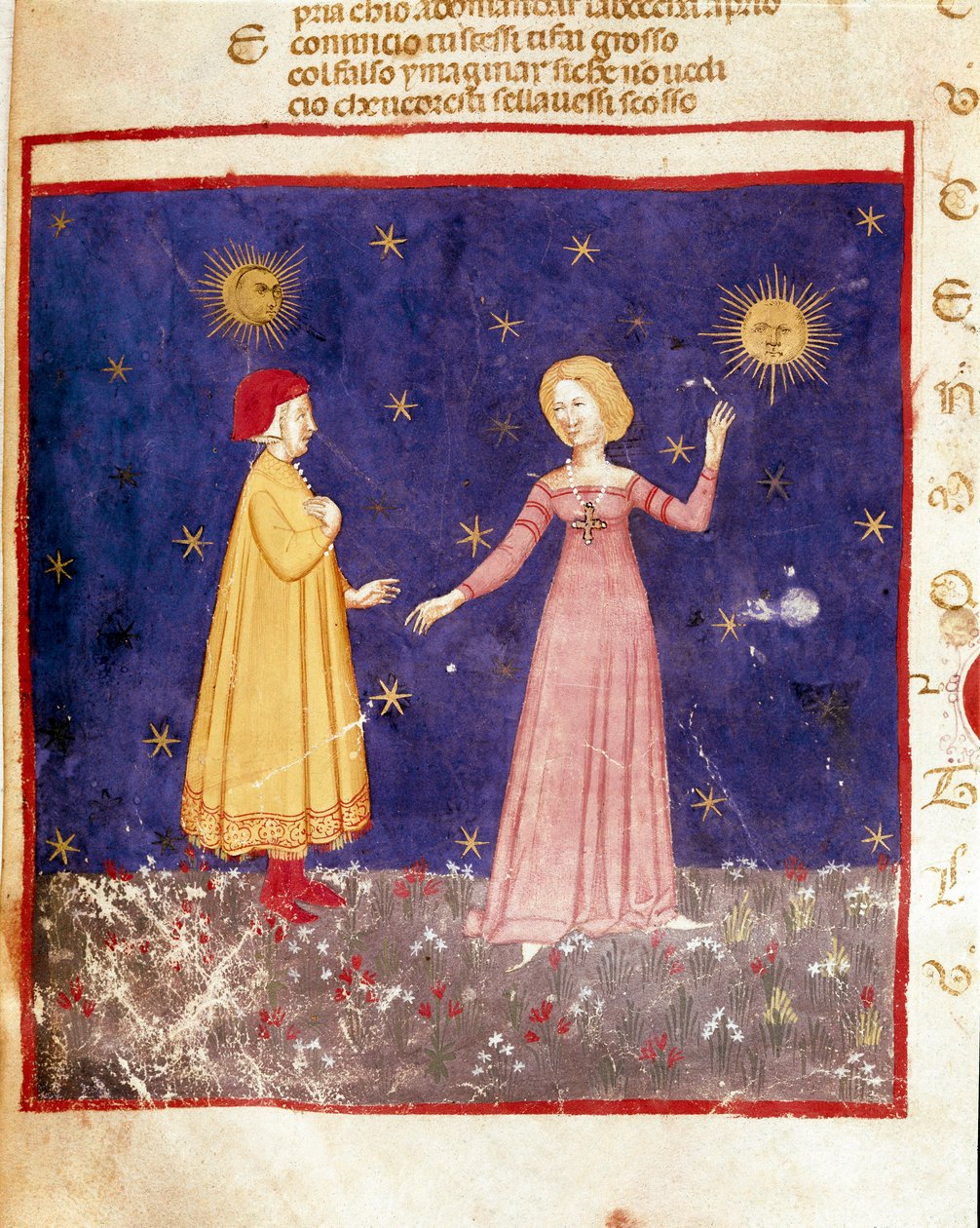 primeiro céu: Dante encontra Beatrice no Paraíso. Página iluminada ilustrando uma canção do Paraíso da "Divina Commedia" de Dante Alighieri (1265-1321). Século XIV, Veneza, Biblioteca Marciana de Unknown artist